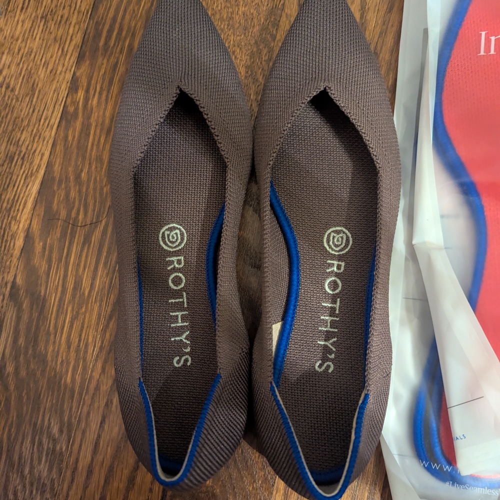 Rothy's Chocolate Brown Flats with Blue Accents